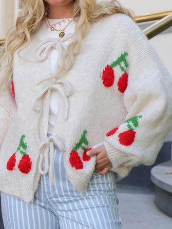Tied Cherry Round Neck Long Sleeve Cardigan White