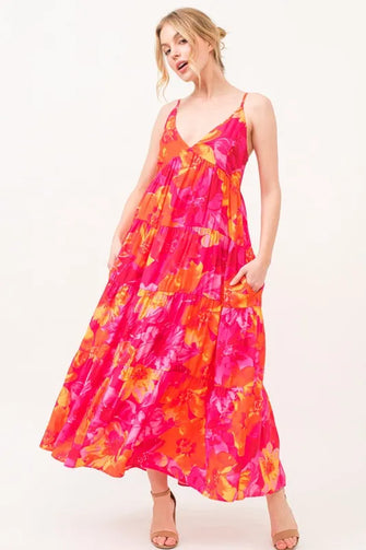 And The Why Floral Tiered Maxi Cami Dress with Pockets ORANGE MULTI