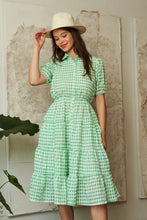 Davi & Dani Checkered Puff Sleeve Tiered Shirt Dress Green Casual Dresses