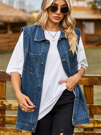 Button Down Denim Vest Medium Woman Outerwear