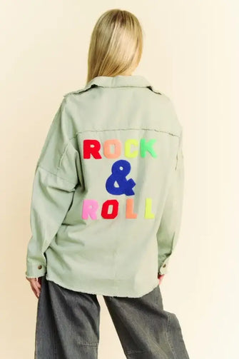Davi & Dani Multi Color Rock & Roll Fringed Hem Loose Fit Shacket Light Sage Woman Outerwear