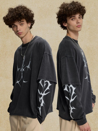 Men's Round Neck Long Sleeve Oversized T-Shirt Black