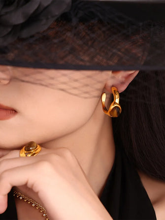Stainless Steel Tigerite Ring and C-Hoop Earrings Set Gold 7