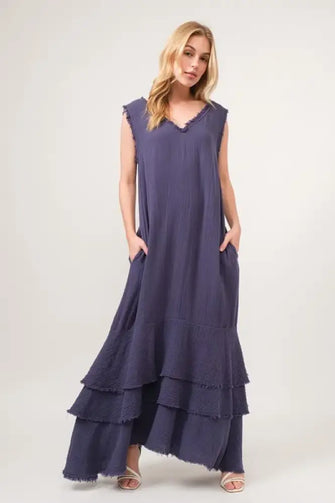 And The Why Washed Cotton Gauze Fringe Detail Tiered Dress Navy Casual Dresses