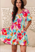 Floral Bubble Sleeve V Neck Tiered Ruffle Babydoll Dress Casual Dresses