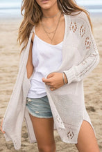 Openwork Side Slit Open Front Long Sleeve Cardigan Beige