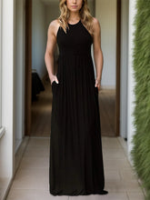 Pocketed Round Neck Sleeveless Dress Black Woman Maxi Dress
