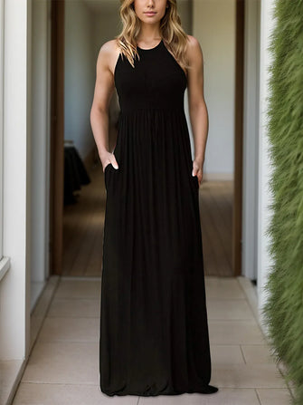 Pocketed Round Neck Sleeveless Dress Black Woman Maxi Dress