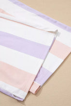 Pastel-striped cotton pillowcase with soft lavender blush pink and white bands in stripe multicolored print design