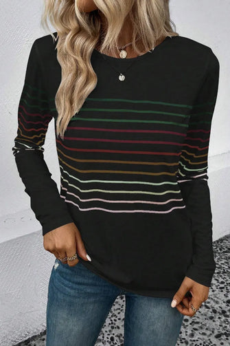 Striped Round Neck Long Sleeve T-Shirt Black