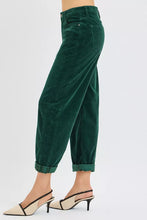 Emerald green riser high rise crop barrel corduroy pants with cuffed hems offer stylish high waist pants