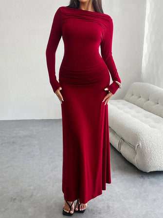 Devine Ruched Long Sleeve Maxi Dress Scarlet