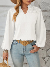 Ruched Swiss Dot Notched Balloon Sleeve T-Shirt White