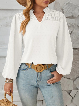 Ruched Swiss Dot Notched Balloon Sleeve T-Shirt White