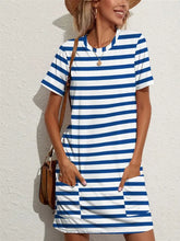 Contrast Striped Round Neck Short Sleeve Dress Blue Casual Dresses
