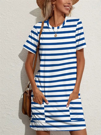 Contrast Striped Round Neck Short Sleeve Dress Blue Casual Dresses