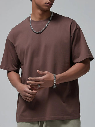 Men's Oversized Casual Round Neck T-Shirt Coffee Brown