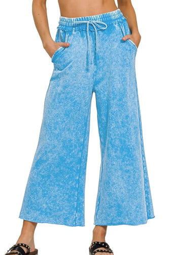 Zenana Washed French Terry Palazzo With Pockets DEEP SKY