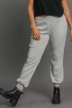 Gray heathered umgee full size high rise knit joggers with elastic waistband cuffed ankles and pockets plus size
