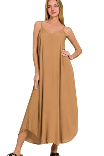 Zenana Woven Arc Hem Cami Dress With Flowy Pockets DEEP CAMEL Casual Dresses