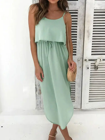 Tied Side Slit Midi Cami Dress Light Green Casual Dresses