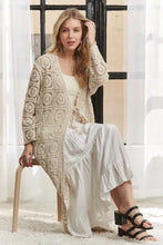 Adora long sleeves maxi dress with crochet detailing and cream elastic cardigan