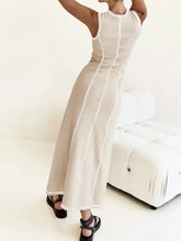 Contrast Stitching Round Neck Sleeveless Midi Dress Woman Casual Dress