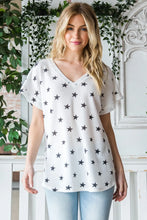 Heimish Full Size Star Print Short Sleeve V-Neck Waffle Knit T-Shirt IVORY BLACK Woman T Shirts