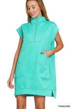 Zenana Textured Knit Jacquard Quarter Zipper Mini Dress TURQUOISE Casual Dresses