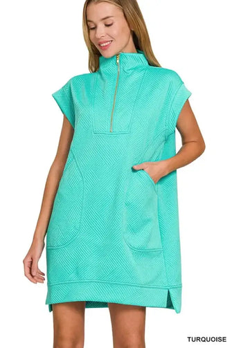 Zenana Textured Knit Jacquard Quarter Zipper Mini Dress TURQUOISE Casual Dresses