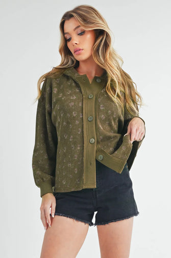 Aemi + Co Floral Button Up Hooded Jacket Olive Woman Outerwear