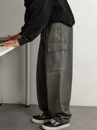 Men's Plus Size Drawstring Pants with Cargo Pockets Dark Gray