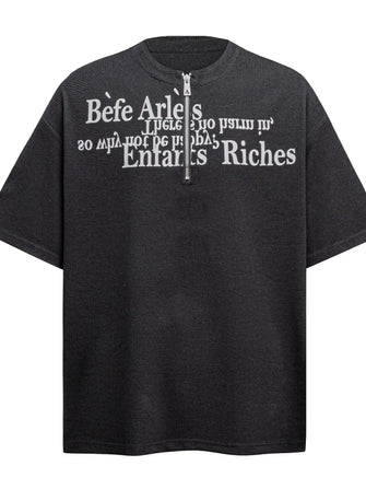 Men's Letter Quarter Zip Short Sleeve T-Shirt Black