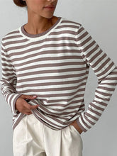 Striped Round Neck Long Sleeve Sweater Mocha