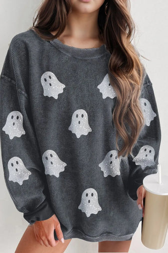 Glitter Ghost Round Neck Long Sleeve Sweatshirt Dark Gray Woman Sweatshirts