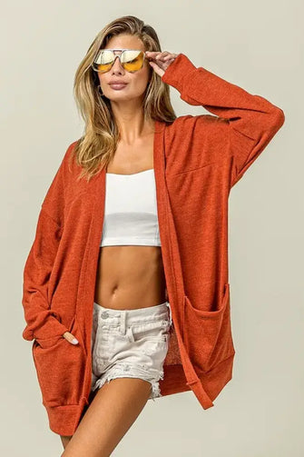 BiBi Open Front Drop Shoulder Cardigan with Pockets Orange-Red Woman Outerwear