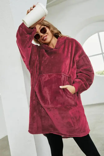 Kangaroo Pocket Dropped Shoulder Hoodie Deep Red Woman Sweatshirts
