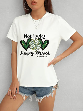 Lucky Clover Round Neck Short Sleeve T-Shirt White