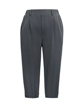 Dark gray pleated detail pants with pockets feature a sleek front, elastic waistband, and machine wash care instructions
