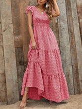 Printed V-Neck Ruffled Cap Sleeve Maxi Dress Scarlet Woman Maxi Dress