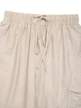Beige linen drawstring wide leg pants with elastic waistband machine wash cold for comfortable wear