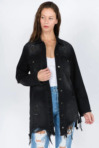 American Bazi Distressed Frayed Hem Denim Jacket Black Woman Outerwear