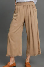 Beige umgee full size linen blend wide leg trousers with elastic waistband frayed hems and subtle side pockets