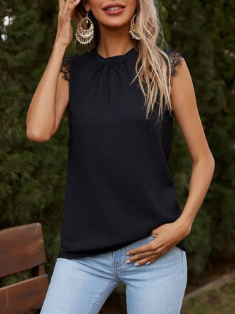 Lace Detail Ruched Round Neck Tank Black Tanks & Camis