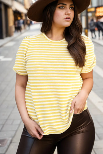 Plus Size Striped Round Neck T-Shirt Light Yellow