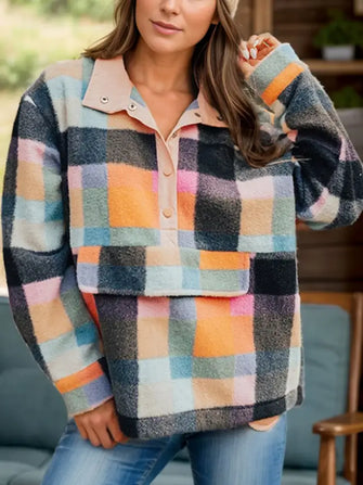 Color Block Half Snap Long Sleeve Sweatshirt Black Woman Sweatshirts