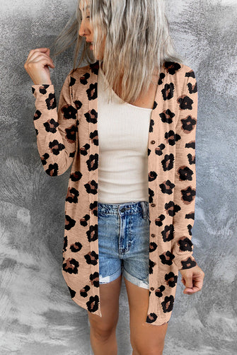 Printed Button Front Longline Cardigan Tan