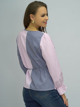 Shiny Surplice Neck Striped Long Sleeve Blouse Woman Blouses