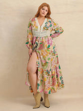 Plus Size Lace Detail Printed V-Neck Balloon Sleeve Dress
