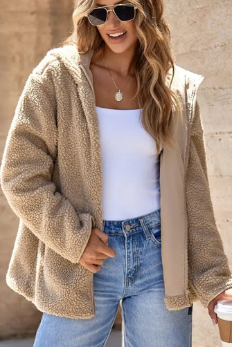Drawstring Fleece Zip Up Hooded Jacket Khaki Woman Outerwear